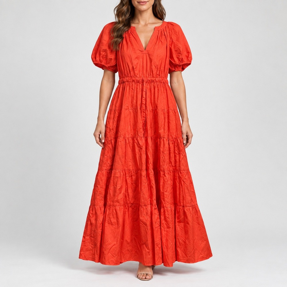 Ulla Johnson Red Cotton Tiered Puff Sleeve Midi Dress Size 12